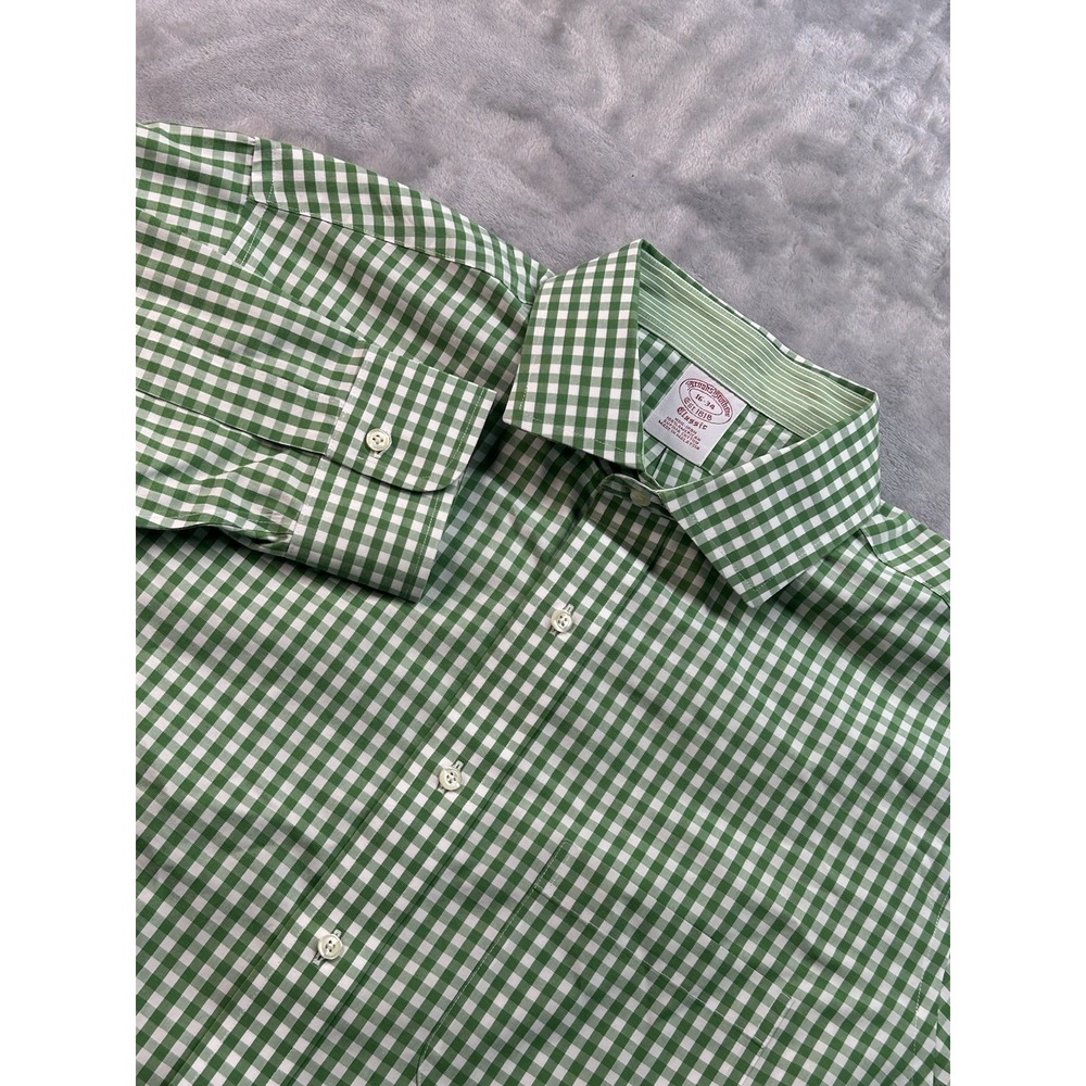 Brooks Brothers Dress Shirt Mens 16-34 Green/White Checks Classic No Iron Office